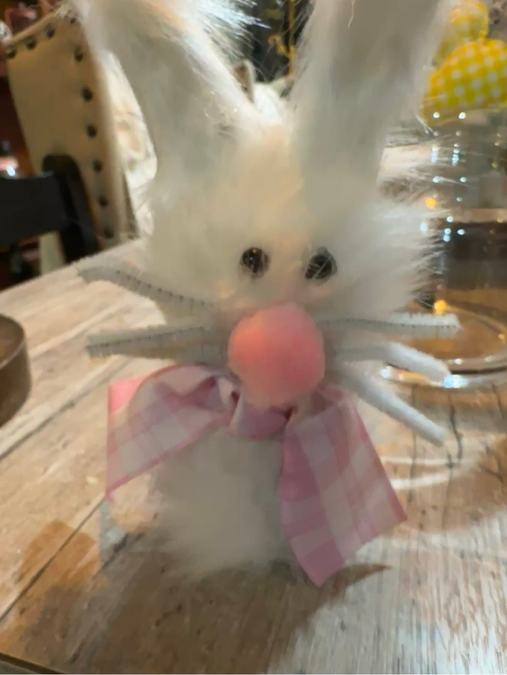 White Plush Bunny Toy with Pink Nose and Pink Plaid Bow